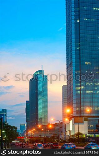 Traffic on the road of Jakarta Central at sunset. Indonesia