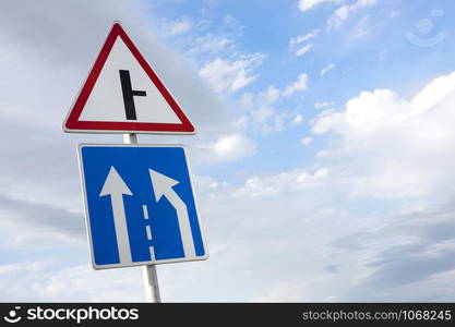 Traffic sign on a highway. Road signpost.