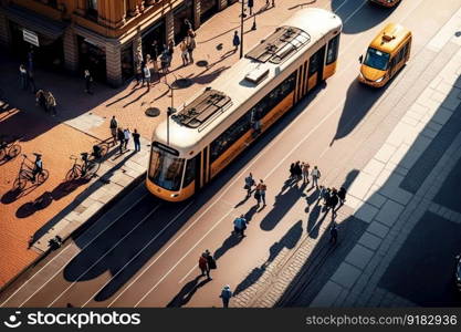 traffic streets and tram going forward, aerial view of busy city street, created with generative ai. traffic streets and tram going forward, aerial view of busy city street