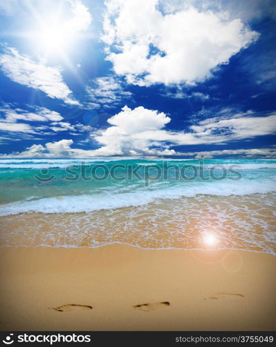 trail barefoot feet in the sand on a beautiful beach