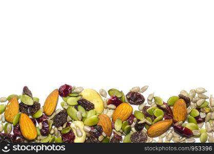 Trail mix on the white background. Trail mix background.