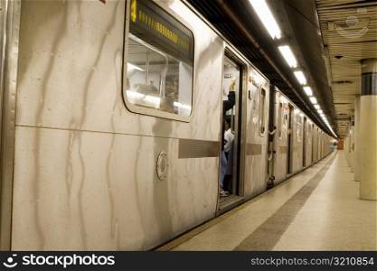 Train at a subway station, New York City, New York State, USA