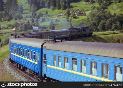 train in the Carpathians. Vorokhta, Ukraine.