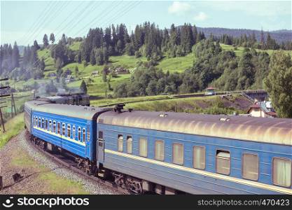 train in the Carpathians. Vorokhta, Ukraine.