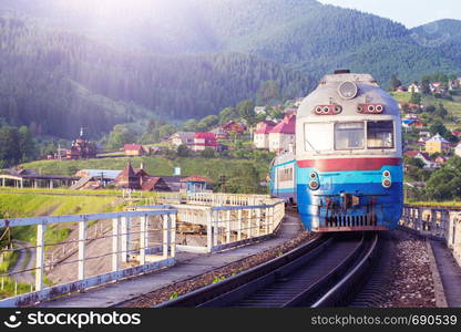 train in the Carpathians. Vorokhta, Ukraine.