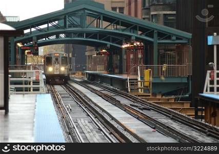 Train moving on the tracks at CTA Station in Chicago