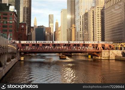 Train over the Chicago River on Wells Street, Chicago, Illinois, USA
