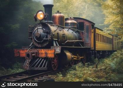 Train rides in a natural area, retro sty≤. Old steam locomotive. Ge≠rative AI