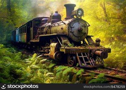 Train rides in a natural area, retro style. Old steam locomotive. Generative AI