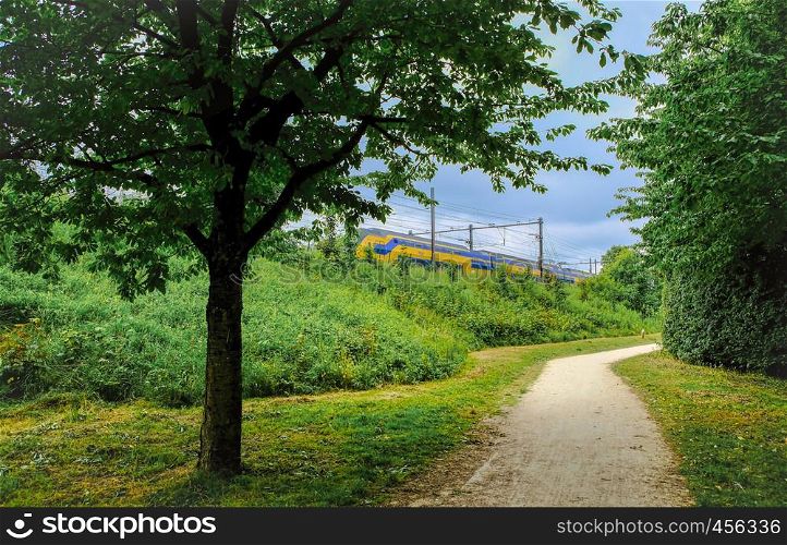 Train running through a park in amsterdam. Train running through a park