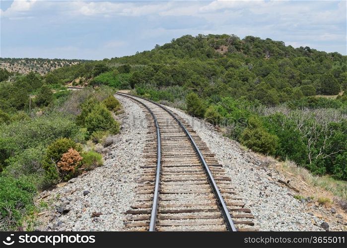Train tracks curving along a mountain pass near La Veta, Colorado