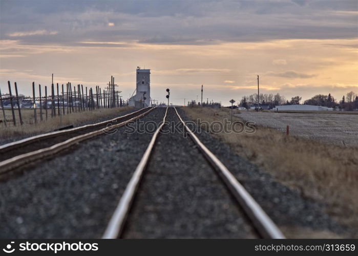 Train Tracks Sunset Prairie Grain Elevator Saskatchewan