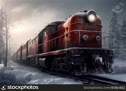 Train winter snow. Road forest rail. Generate Ai. Train winter snow. Generate Ai