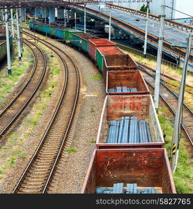 Train with cargo wagons on the railroad