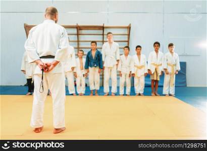 Trainer and little boys in kimono, kid judo training. Young fighters in gym, martial art for defense. Trainer and little boys, kid judo training