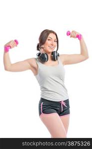 Trainer with a dumbbell and headphones on a white background