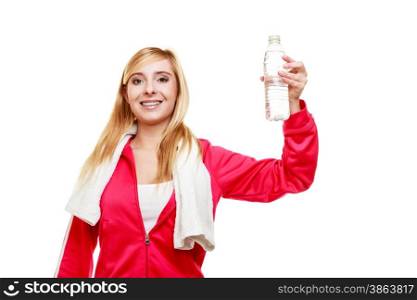 Training and workout. Fitness woman sport girl with white towel on shoulders holding water bottle isolated on white.
