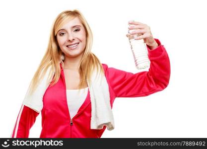 Training and workout. Fitness woman sport girl with white towel on shoulders holding water bottle isolated on white.