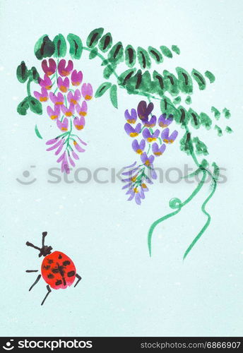 training drawing in suibokuga style with watercolor paints - blossoming wisteria plant and ladybug on blue colored paper