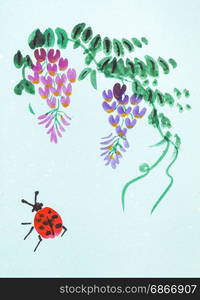 training drawing in suibokuga style with watercolor paints - blossoming wisteria plant and ladybug on blue colored paper