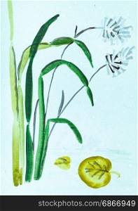 training drawing in suibokuga style with watercolor paints - cane and leaf of water lily on blue colored paper