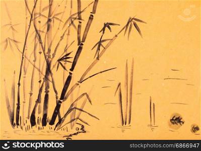 training drawing in suibokuga style with watercolor paints - cane in water of lake on orange colored paper