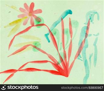 training drawing in suibokuga style with watercolor paints - flower, grass and silhouette of woman on green colored paper