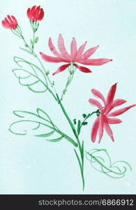 training drawing in suibokuga style with watercolor paints - red flowers on blue colored paper