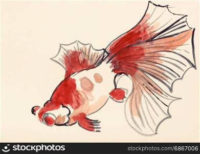 training drawing in suibokuga style with watercolor paints - red goldfish on ivory colored paper