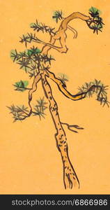 training drawing in suibokuga style with watercolor paints - sketch of fresh pine branch on orange colored paper