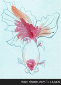 training drawing in suibokuga style with watercolor paints - sketch of goldfish on blue colored paper