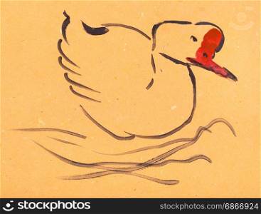 training drawing in suibokuga style with watercolor paints - sketch of goose on orange colored paper