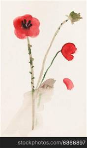 training drawing in suibokuga style with watercolor paints - sketch of red poppy flowers on ivory colored paper
