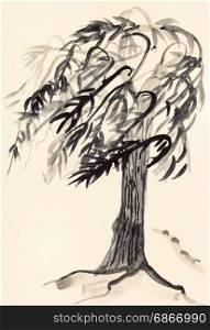 training drawing in suibokuga style with watercolor paints - sketch of willow tree on ivory colored paper