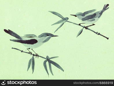 training drawing in suibokuga style with watercolor paints - sketches of birds on twigs on green colored paper