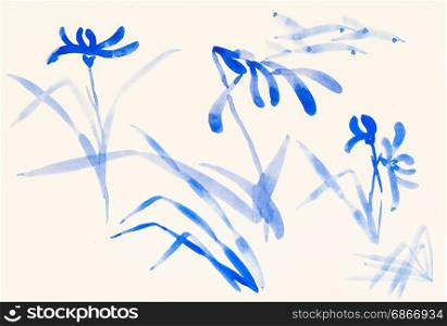 training drawing in suibokuga style with watercolor paints - sketches of blue flowers on ivory colored paper
