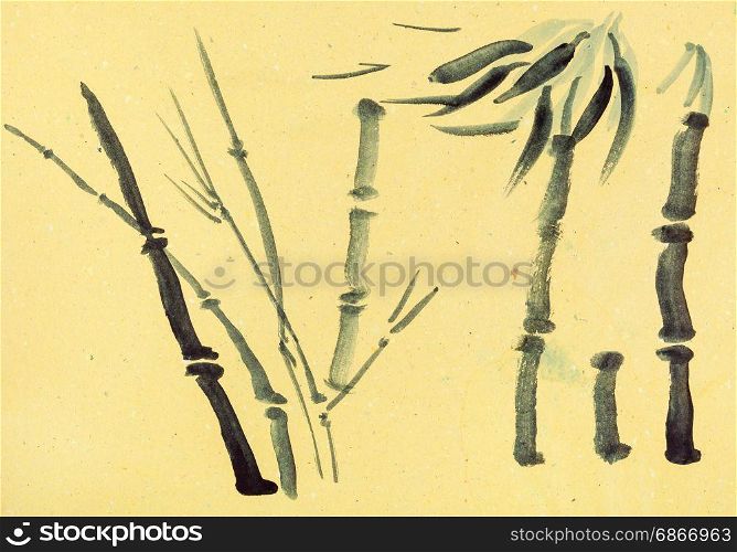 training drawing in suibokuga style with watercolor paints - sketches of cane and palm tree on yellow colored paper