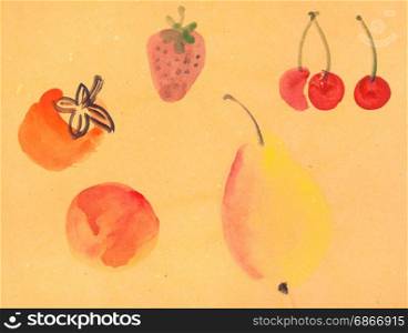 training drawing in suibokuga style with watercolor paints - various fruits on yellow colored paper