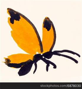 training drawing in suibokuga sumi-e style with watercolor paints - butterfly with orange wings hand painted on cream colored paper