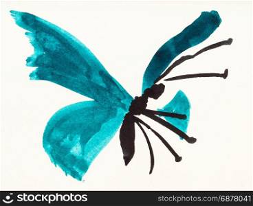 training drawing in suibokuga sumi-e style with watercolor paints - butterfly with blue green wings hand painted on cream colored paper