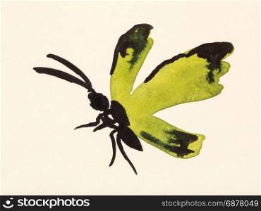 training drawing in suibokuga sumi-e style with watercolor paints - butterfly with yellow wings hand painted on cream colored paper