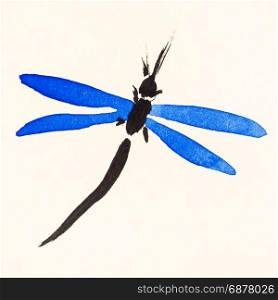 training drawing in suibokuga sumi-e style with watercolor paints - dragonfly with blue wings hand painted on cream colored paper