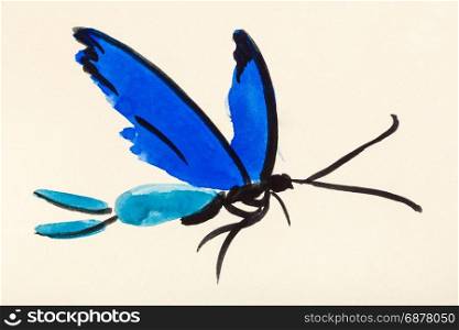 training drawing in suibokuga sumi-e style with watercolor paints - flying butterfly with blue wings hand painted on cream colored paper