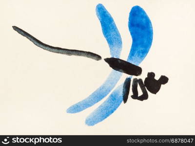 training drawing in suibokuga sumi-e style with watercolor paints - flying dragonfly with blue wings hand painted on cream colored paper