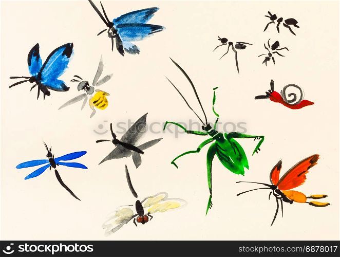 training drawing in suibokuga sumi-e style with watercolor paints - lot of insects hand painted on cream colored paper