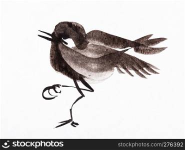 training drawing in sumi-e (suibokuga) style - little bird handpainted by black watercolors on white paper