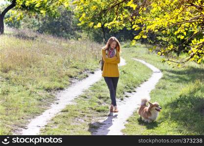 training - girl and dog corgi walking in the park