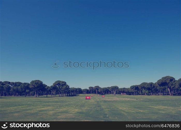 training golf course, practicing holes signs with beautiful landscape at sunny day. training golf course