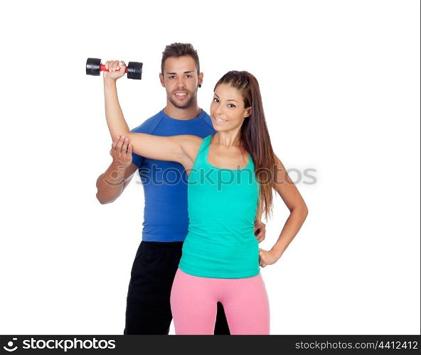 Training with my personal trainer isolated on white
