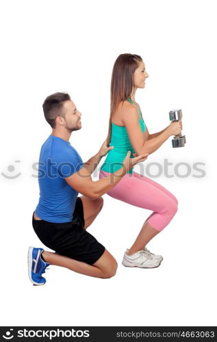 Training with my personal trainer isolated on white